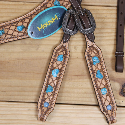 Western Horse Headstall Tack Set Decorated with Window Tooling Antique Finish with Big Turquoise Stone Handcrafted from Genuine Argentina Cow Leather MOUSM