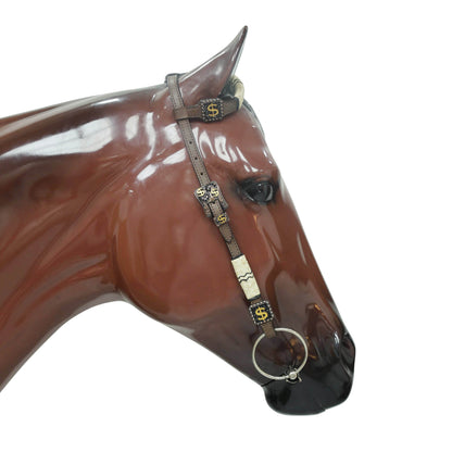 Western Headstall and Breast Collar Set Decorated with Rawhide Knotting with 3D Golden Dollar $ Sign Conchos and Black Stone Buckles MOUSM