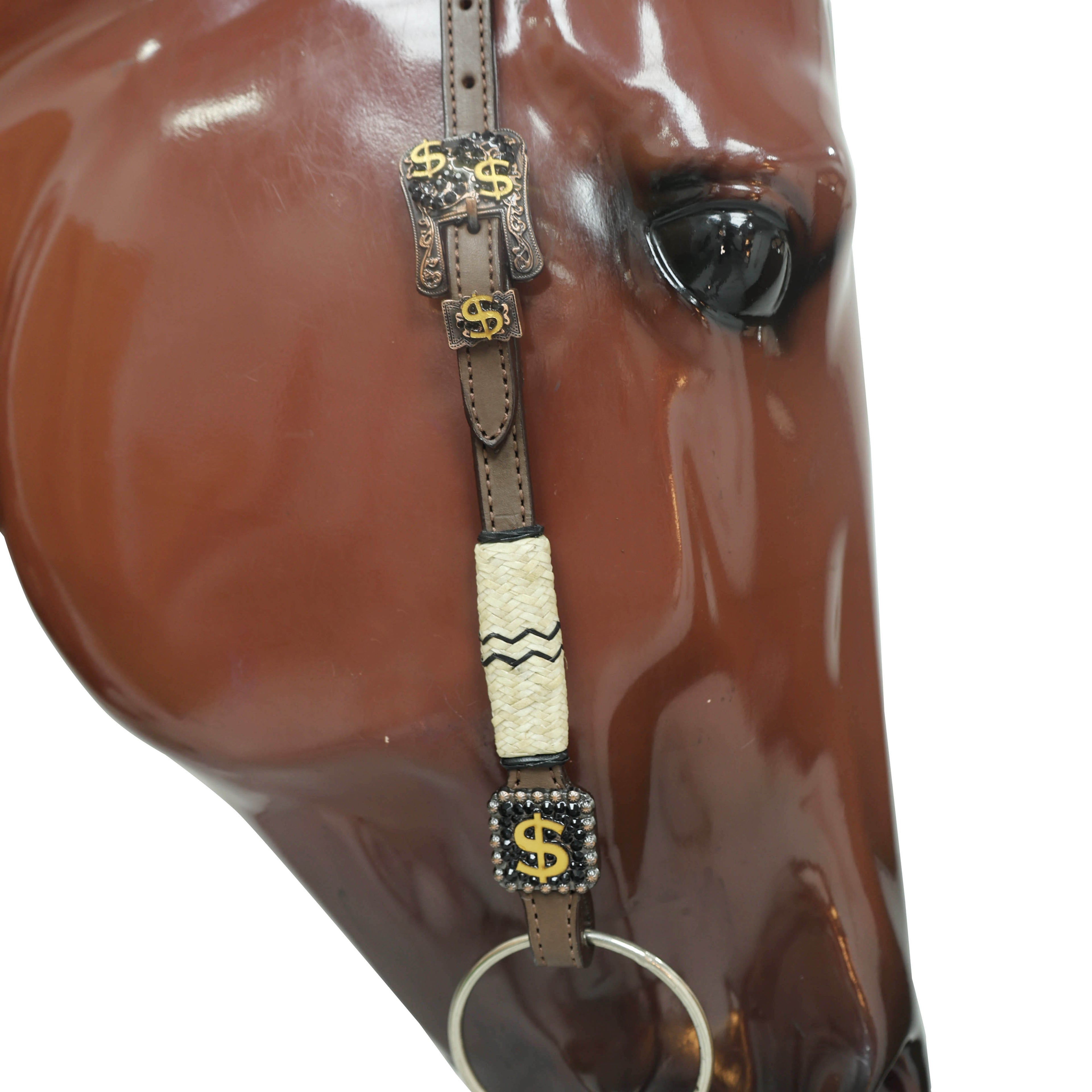 Western Headstall and Breast Collar Set Decorated with Rawhide Knotting with 3D Golden Dollar $ Sign Conchos and Black Stone Buckles MOUSM