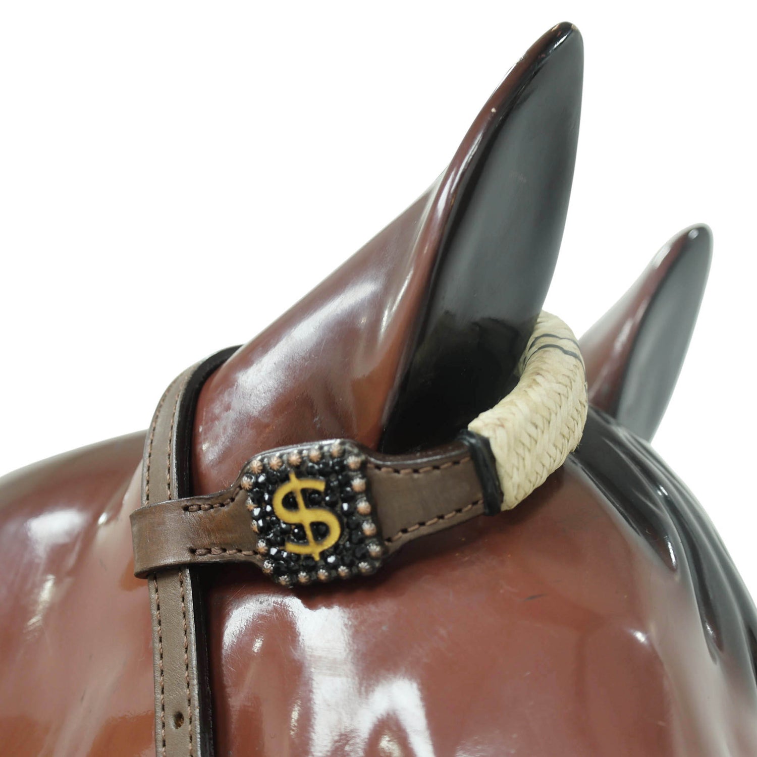 Western Headstall and Breast Collar Set Decorated with Rawhide Knotting with 3D Golden Dollar $ Sign Conchos and Black Stone Buckles MOUSM