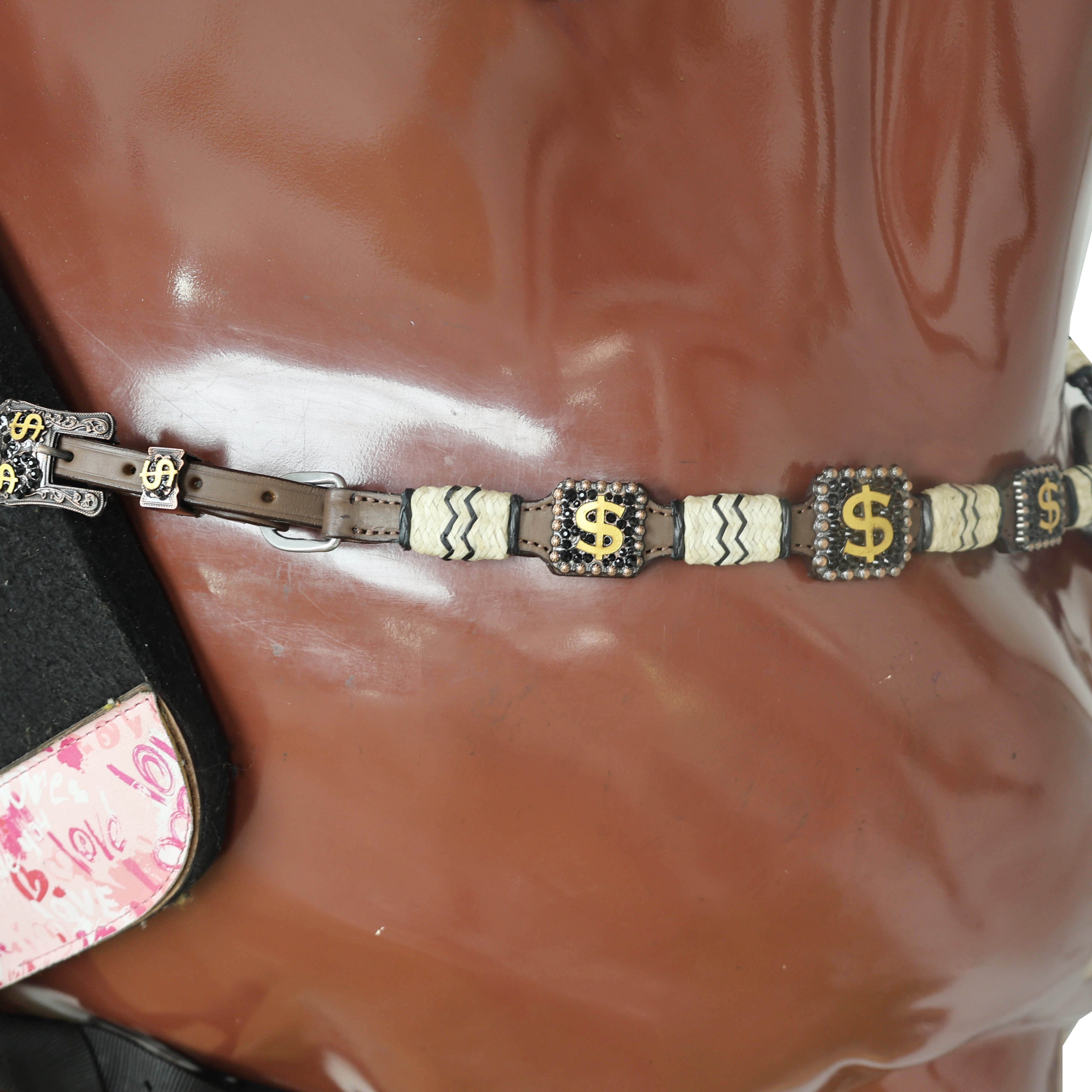 Western Headstall and Breast Collar Set Decorated with Rawhide Knotting with 3D Golden Dollar $ Sign Conchos and Black Stone Buckles MOUSM