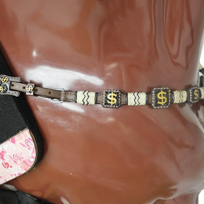 Western Headstall and Breast Collar Set Decorated with Rawhide Knotting with 3D Golden Dollar $ Sign Conchos and Black Stone Buckles MOUSM