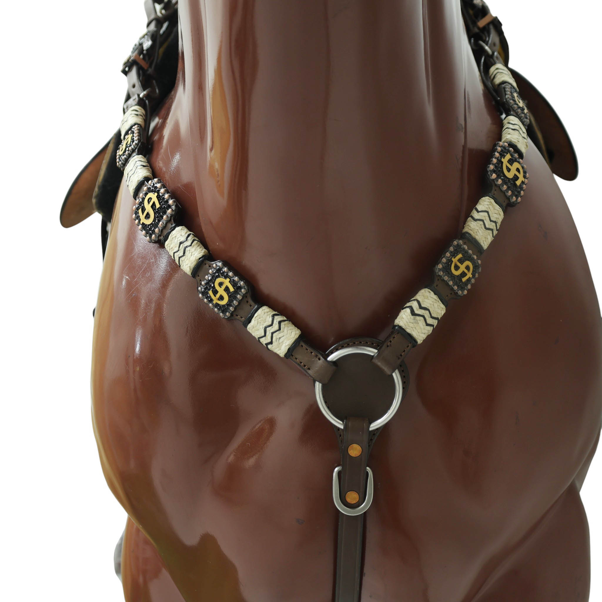 Western Headstall and Breast Collar Set Decorated with Rawhide Knotting with 3D Golden Dollar $ Sign Conchos and Black Stone Buckles MOUSM