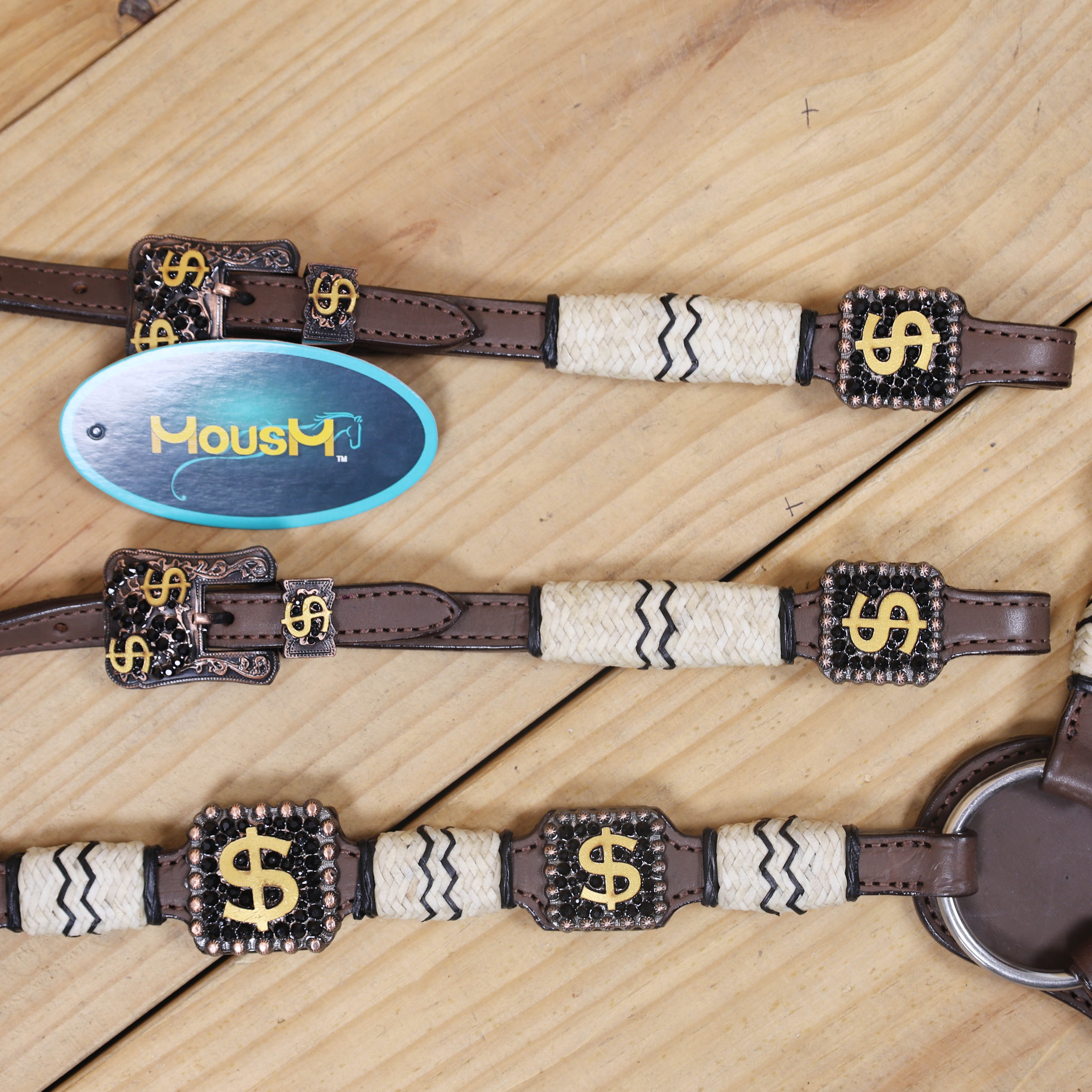 Western Headstall and Breast Collar Set Decorated with Rawhide Knotting with 3D Golden Dollar $ Sign Conchos and Black Stone Buckles MOUSM