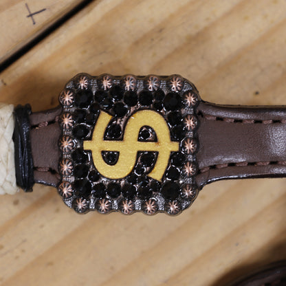 Western Headstall and Breast Collar Set Decorated with Rawhide Knotting with 3D Golden Dollar $ Sign Conchos and Black Stone Buckles MOUSM