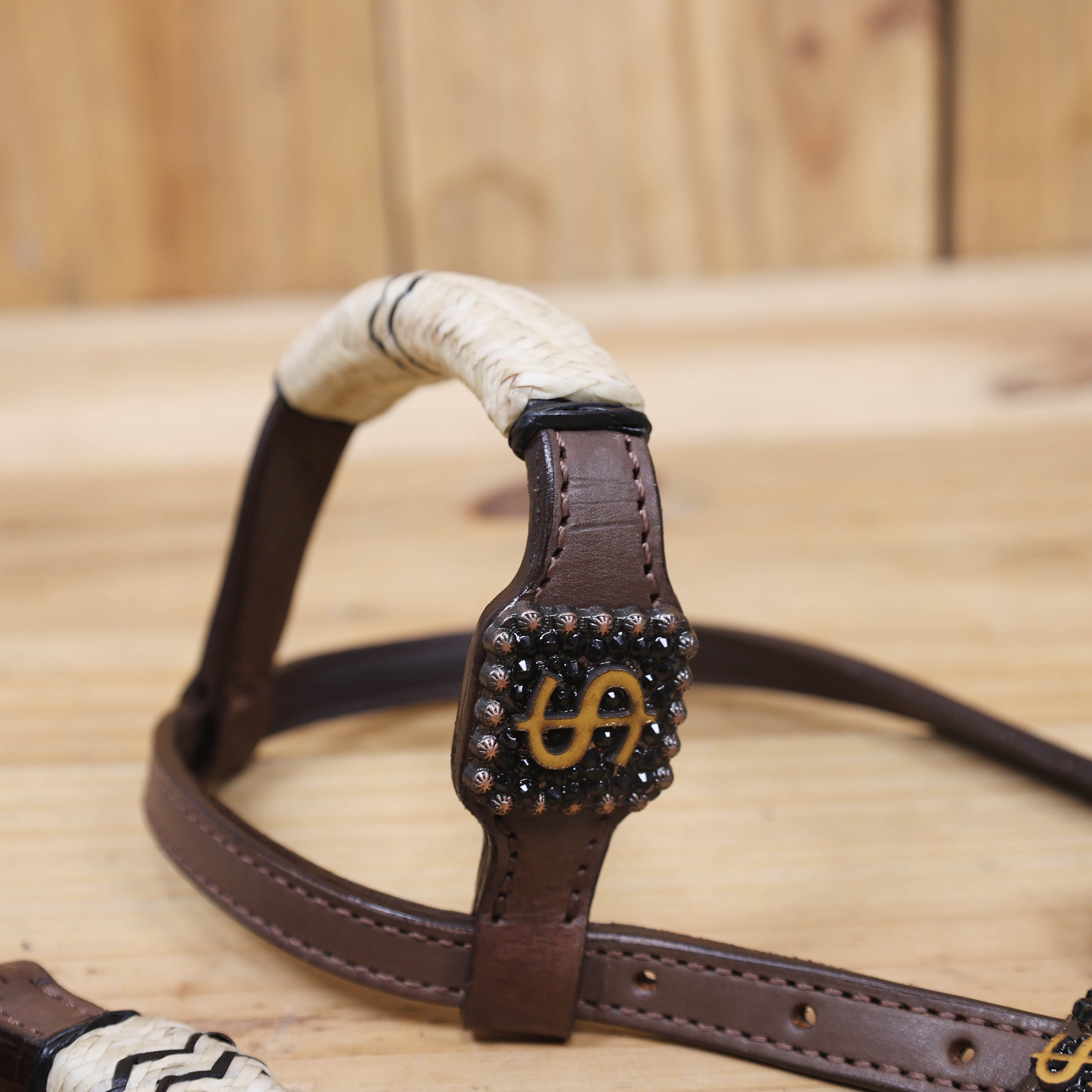 Western Headstall and Breast Collar Set Decorated with Rawhide Knotting with 3D Golden Dollar $ Sign Conchos and Black Stone Buckles MOUSM