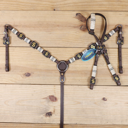 Western Headstall and Breast Collar Set Decorated with Rawhide Knotting with 3D Golden Dollar $ Sign Conchos and Black Stone Buckles MOUSM