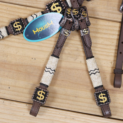 Western Headstall and Breast Collar Set Decorated with Rawhide Knotting with 3D Golden Dollar $ Sign Conchos and Black Stone Buckles MOUSM