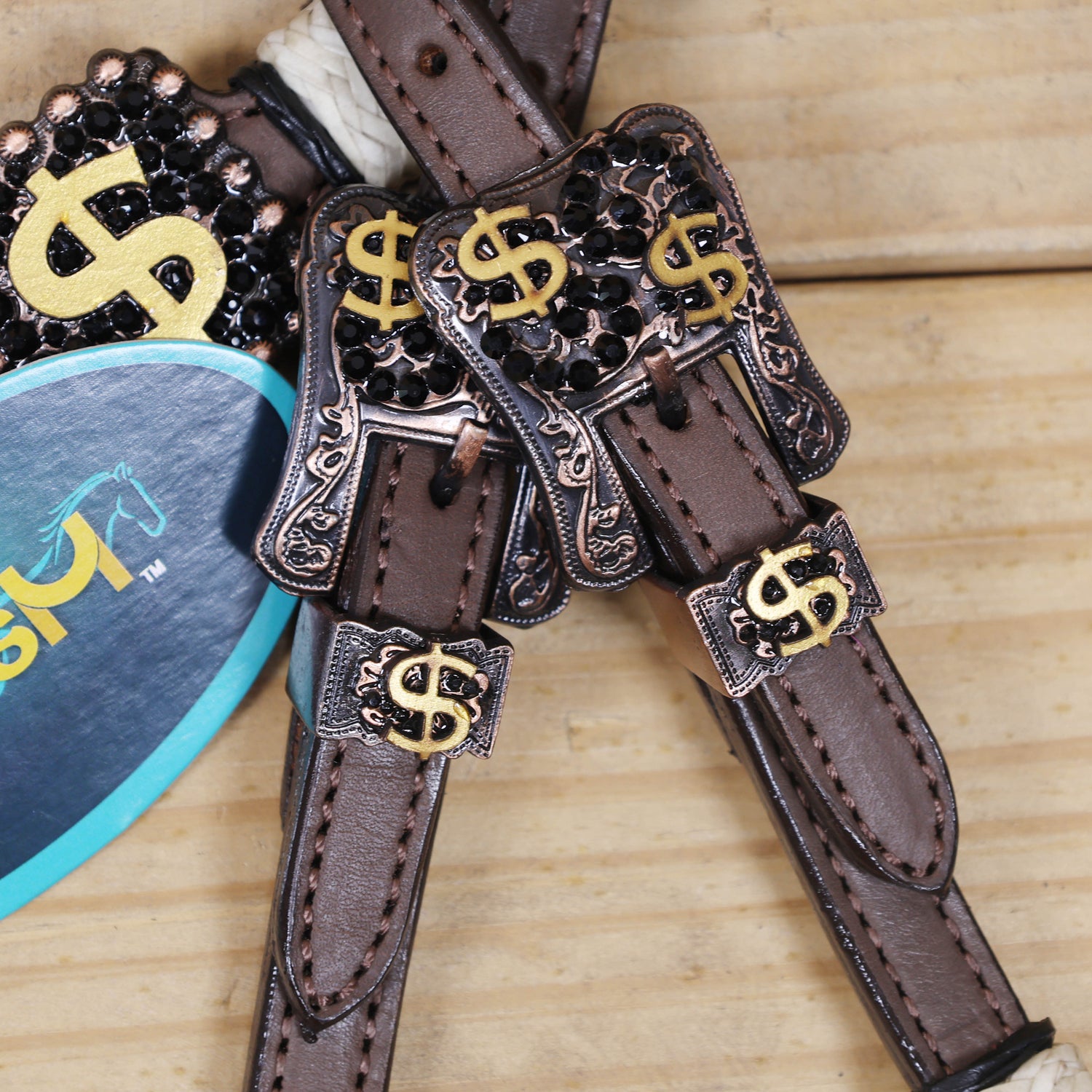 Western Headstall and Breast Collar Set Decorated with Rawhide Knotting with 3D Golden Dollar $ Sign Conchos and Black Stone Buckles MOUSM