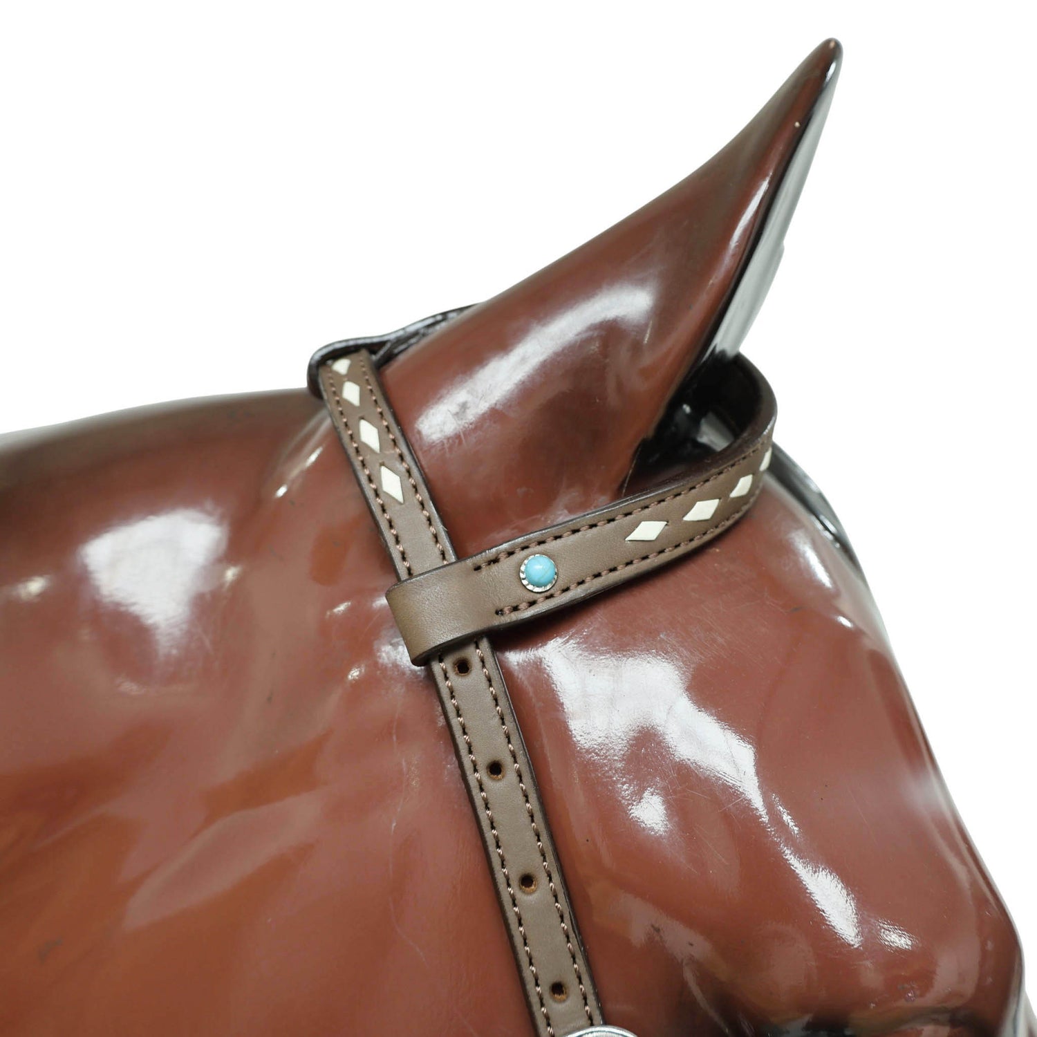 Western Horse Headstall Tack Set Decorated with Window Tooling, Rawhide Buck Stitching, and Turquoise and White Gem Stone on Embellished MOUSM