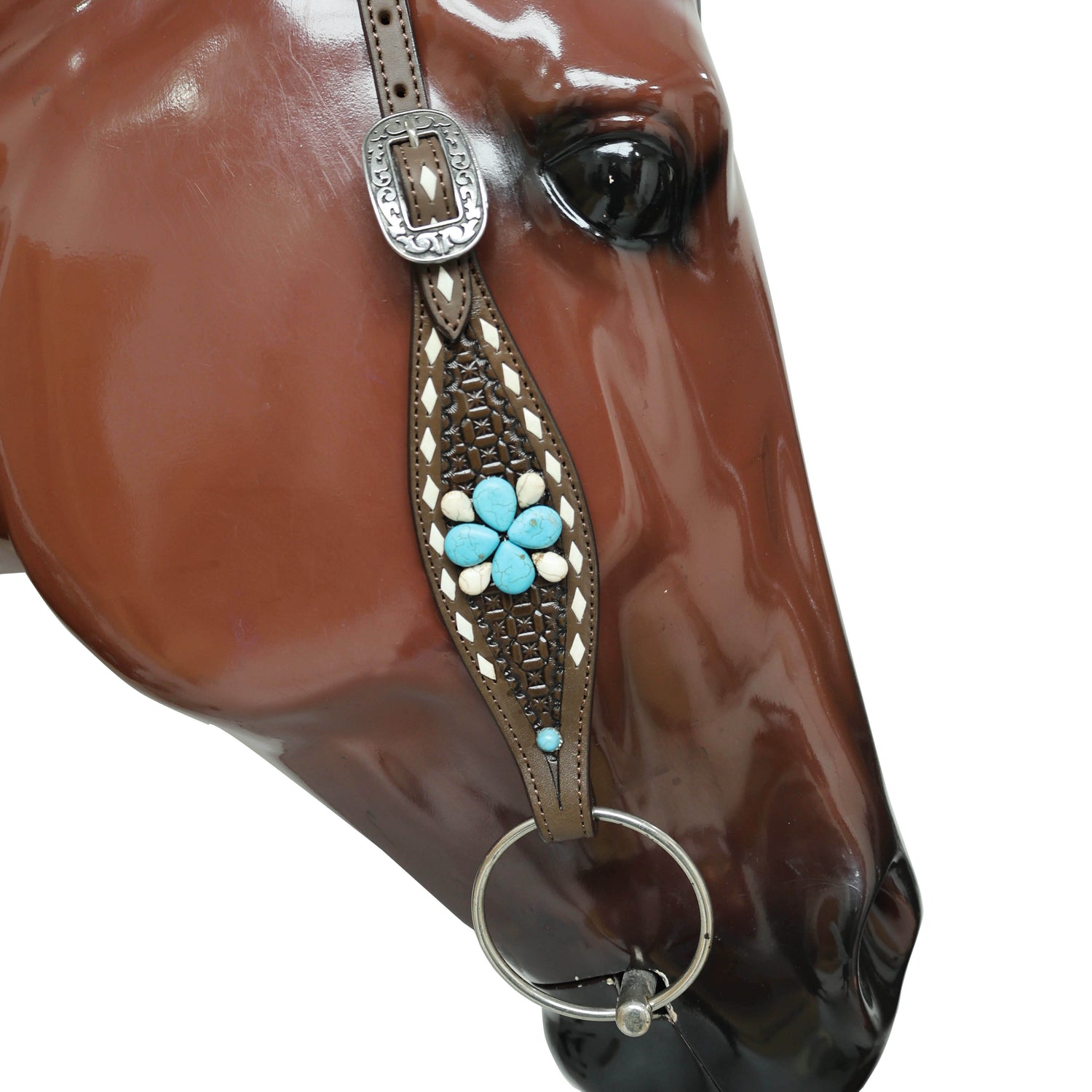 Western Horse Headstall Tack Set Decorated with Window Tooling, Rawhide Buck Stitching, and Turquoise and White Gem Stone on Embellished MOUSM