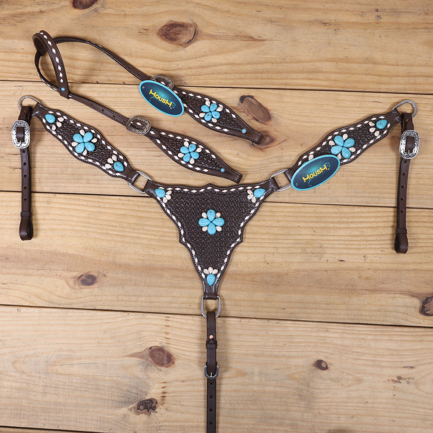 Western Horse Headstall Tack Set Decorated with Window Tooling, Rawhide Buck Stitching, and Turquoise and White Gem Stone on Embellished MOUSM