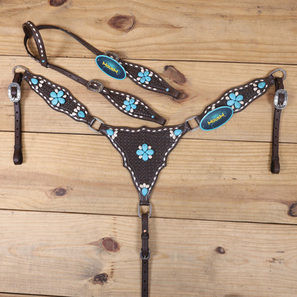 Western Horse Headstall Tack Set Decorated with Window Tooling, Rawhide Buck Stitching, and Turquoise and White Gem Stone on Embellished MOUSM