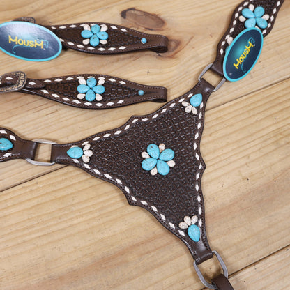 Western Horse Headstall Tack Set Decorated with Window Tooling, Rawhide Buck Stitching, and Turquoise and White Gem Stone on Embellished MOUSM
