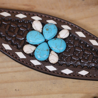 Western Horse Headstall Tack Set Decorated with Window Tooling, Rawhide Buck Stitching, and Turquoise and White Gem Stone on Embellished MOUSM