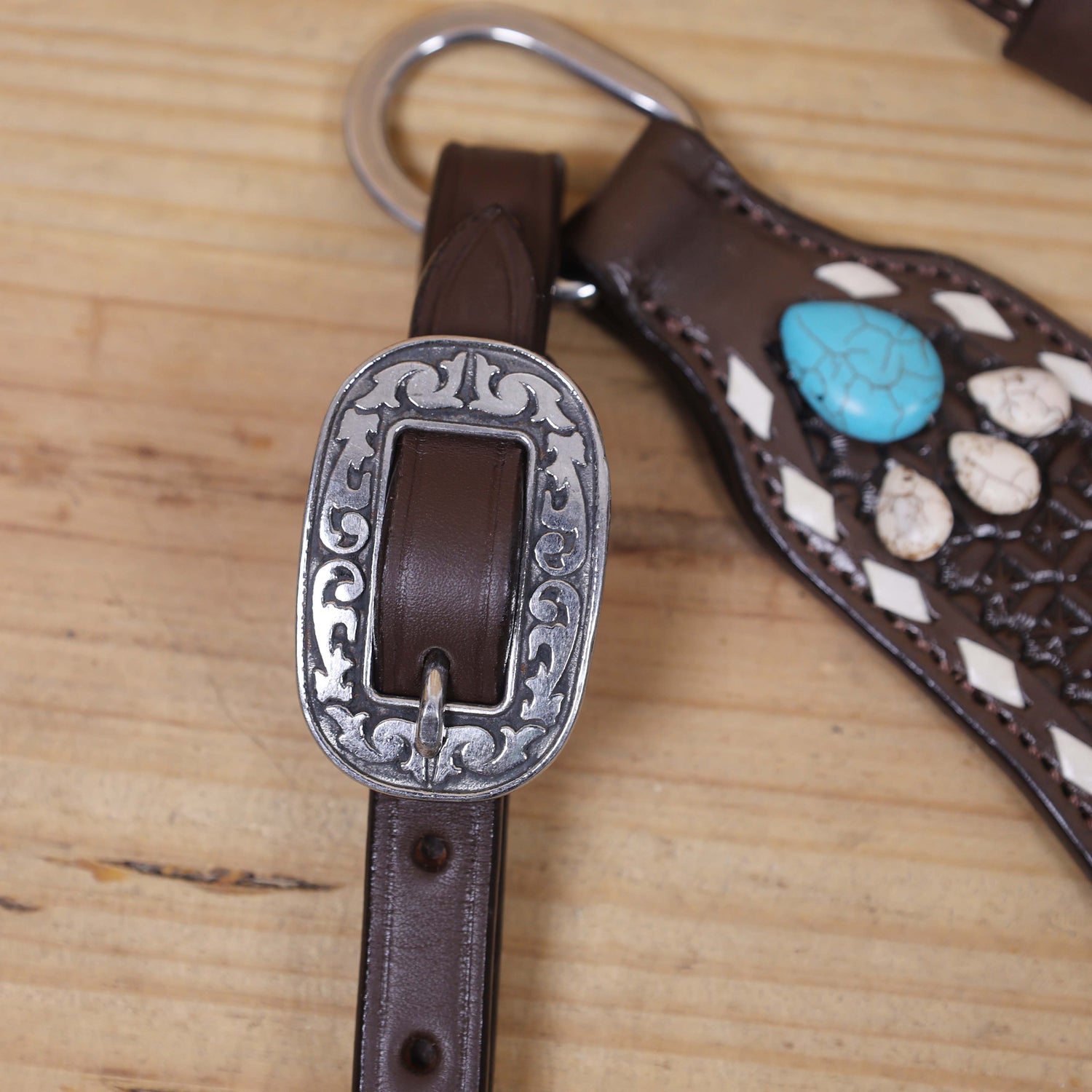 Western Horse Headstall Tack Set Decorated with Window Tooling, Rawhide Buck Stitching, and Turquoise and White Gem Stone on Embellished MOUSM