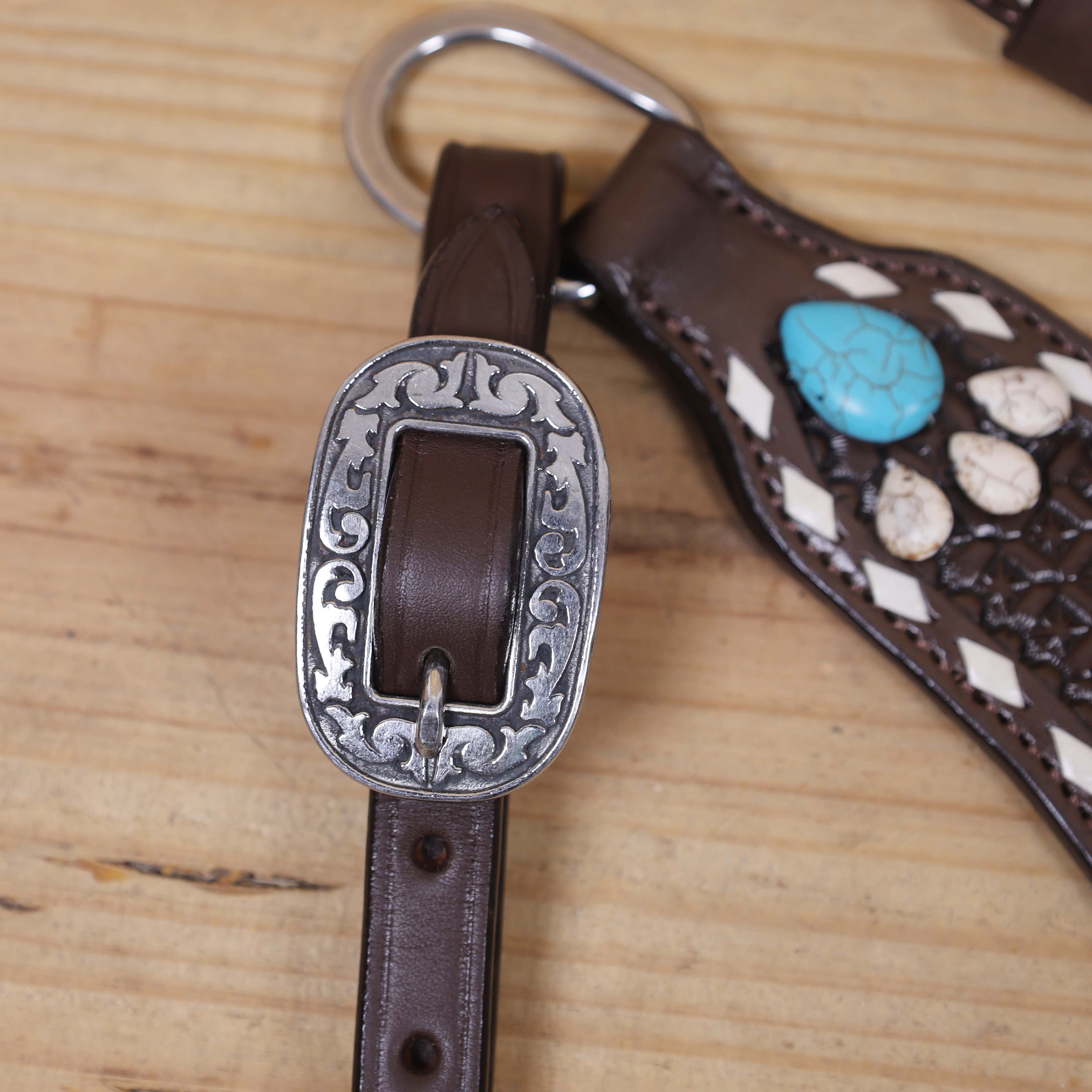 Western Horse Headstall Tack Set Decorated with Window Tooling, Rawhide Buck Stitching, and Turquoise and White Gem Stone on Embellished MOUSM