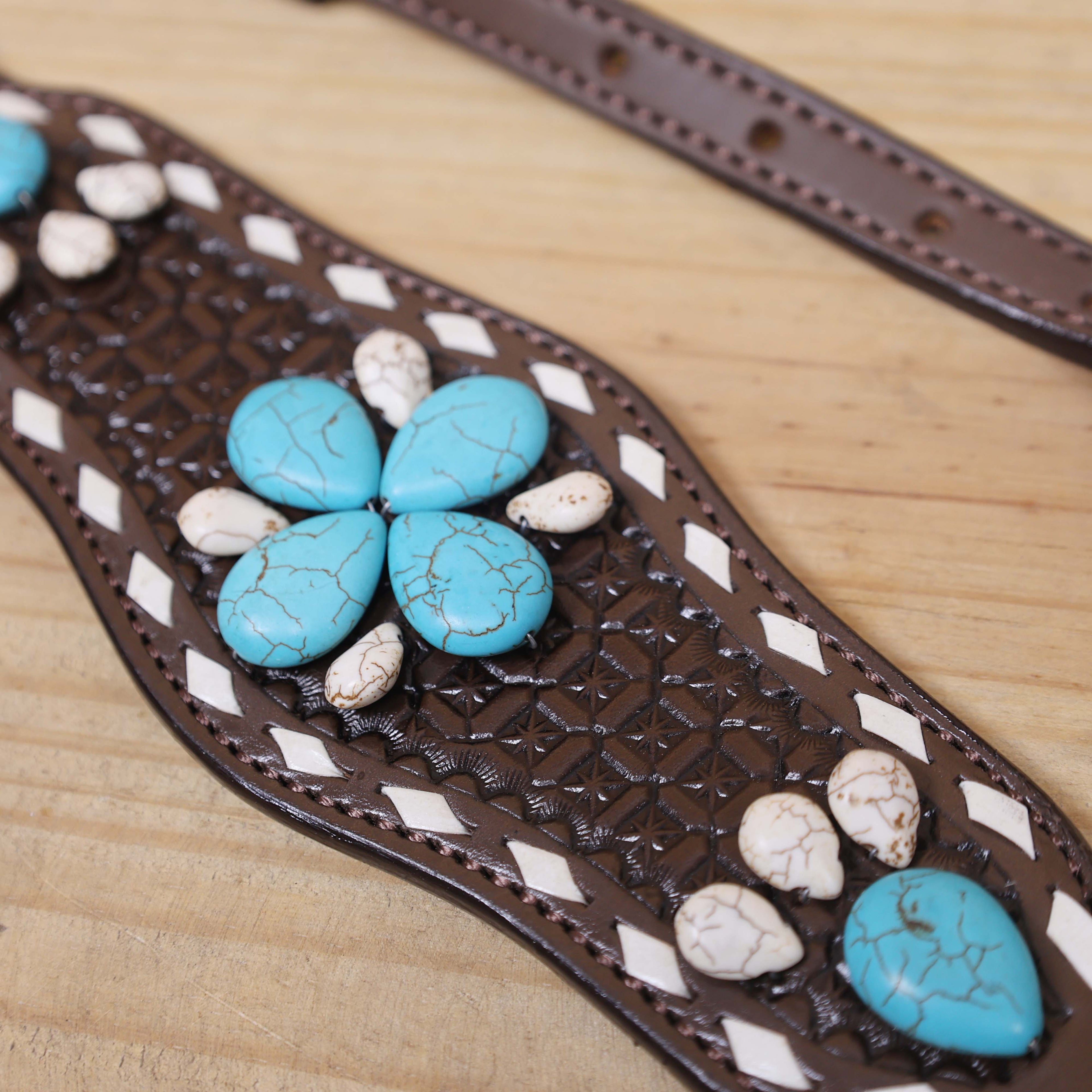 Western Horse Headstall Tack Set Decorated with Window Tooling, Rawhide Buck Stitching, and Turquoise and White Gem Stone on Embellished MOUSM