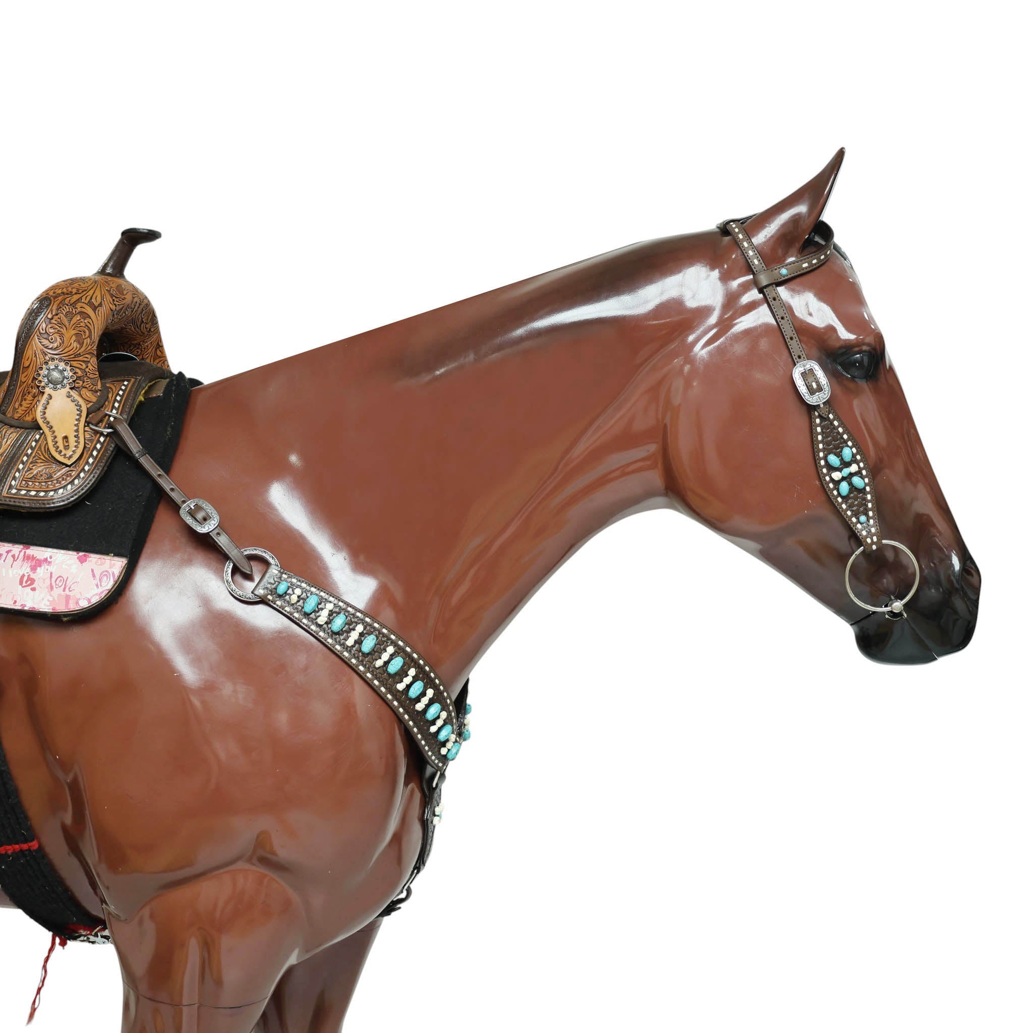 Western Headstall and Breast Collar Tack Set Handcrafted from Argentina Cowhide with Rawhide Buck Stitching, Window Tooling, and Turquoise Gemstones MOUSM