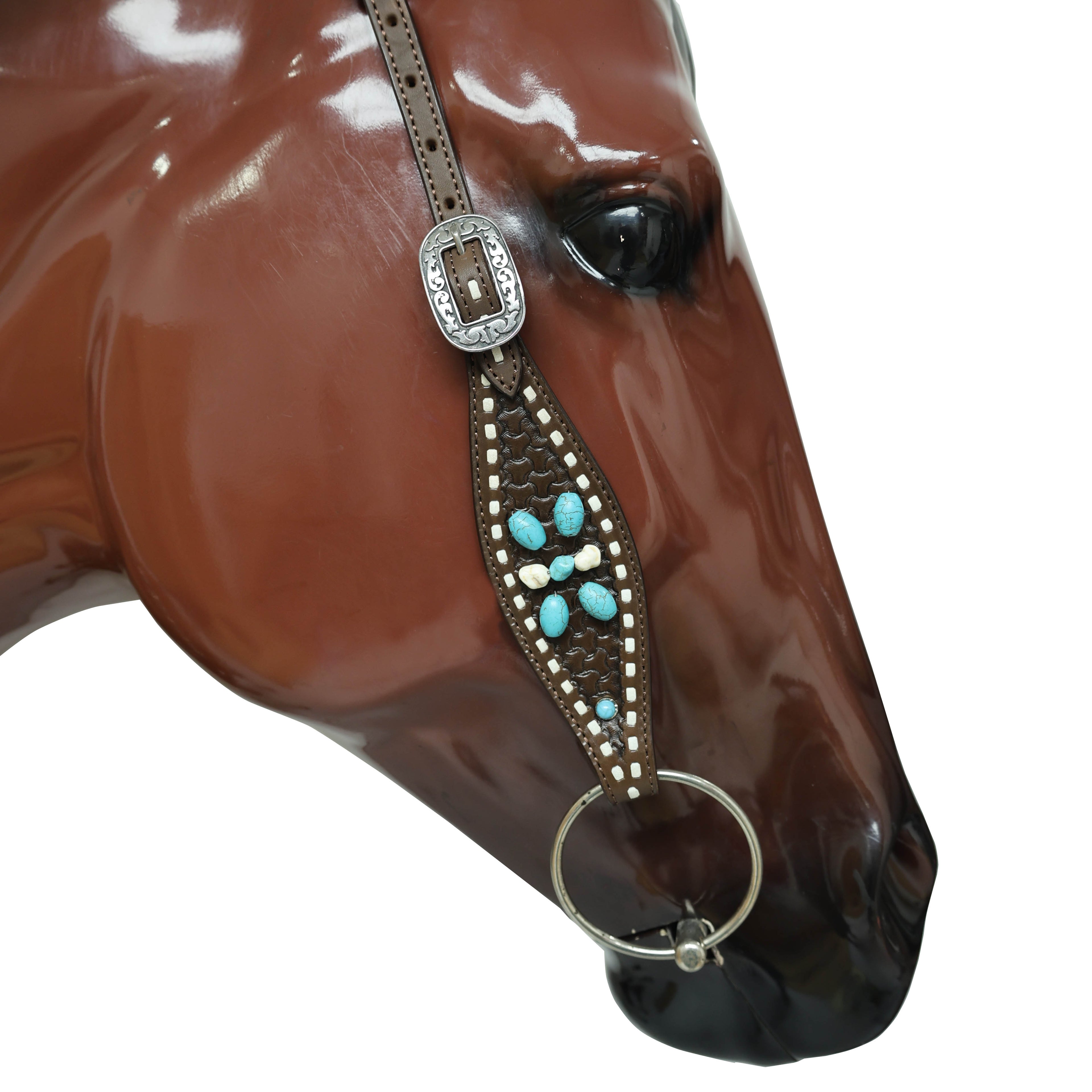 Western Headstall and Breast Collar Tack Set Handcrafted from Argentina Cowhide with Rawhide Buck Stitching, Window Tooling, and Turquoise Gemstones MOUSM