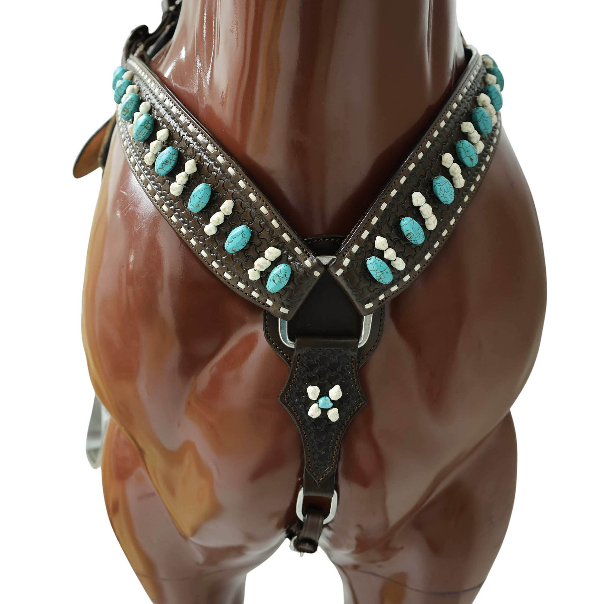 Western Headstall and Breast Collar Tack Set Handcrafted from Argentina Cowhide with Rawhide Buck Stitching, Window Tooling, and Turquoise Gemstones MOUSM