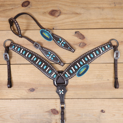 Western Headstall and Breast Collar Tack Set Handcrafted from Argentina Cowhide with Rawhide Buck Stitching, Window Tooling, and Turquoise Gemstones MOUSM