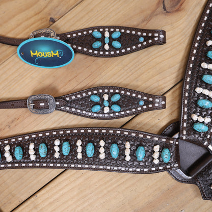 Western Headstall and Breast Collar Tack Set Handcrafted from Argentina Cowhide with Rawhide Buck Stitching, Window Tooling, and Turquoise Gemstones MOUSM