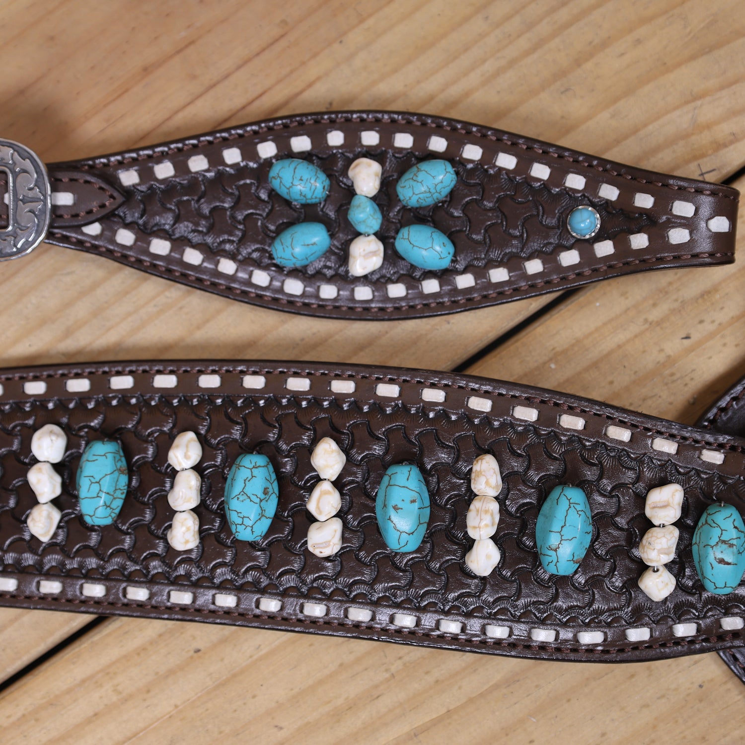 Western Headstall and Breast Collar Tack Set Handcrafted from Argentina Cowhide with Rawhide Buck Stitching, Window Tooling, and Turquoise Gemstones MOUSM