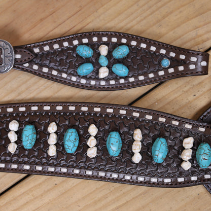 Western Headstall and Breast Collar Tack Set Handcrafted from Argentina Cowhide with Rawhide Buck Stitching, Window Tooling, and Turquoise Gemstones MOUSM