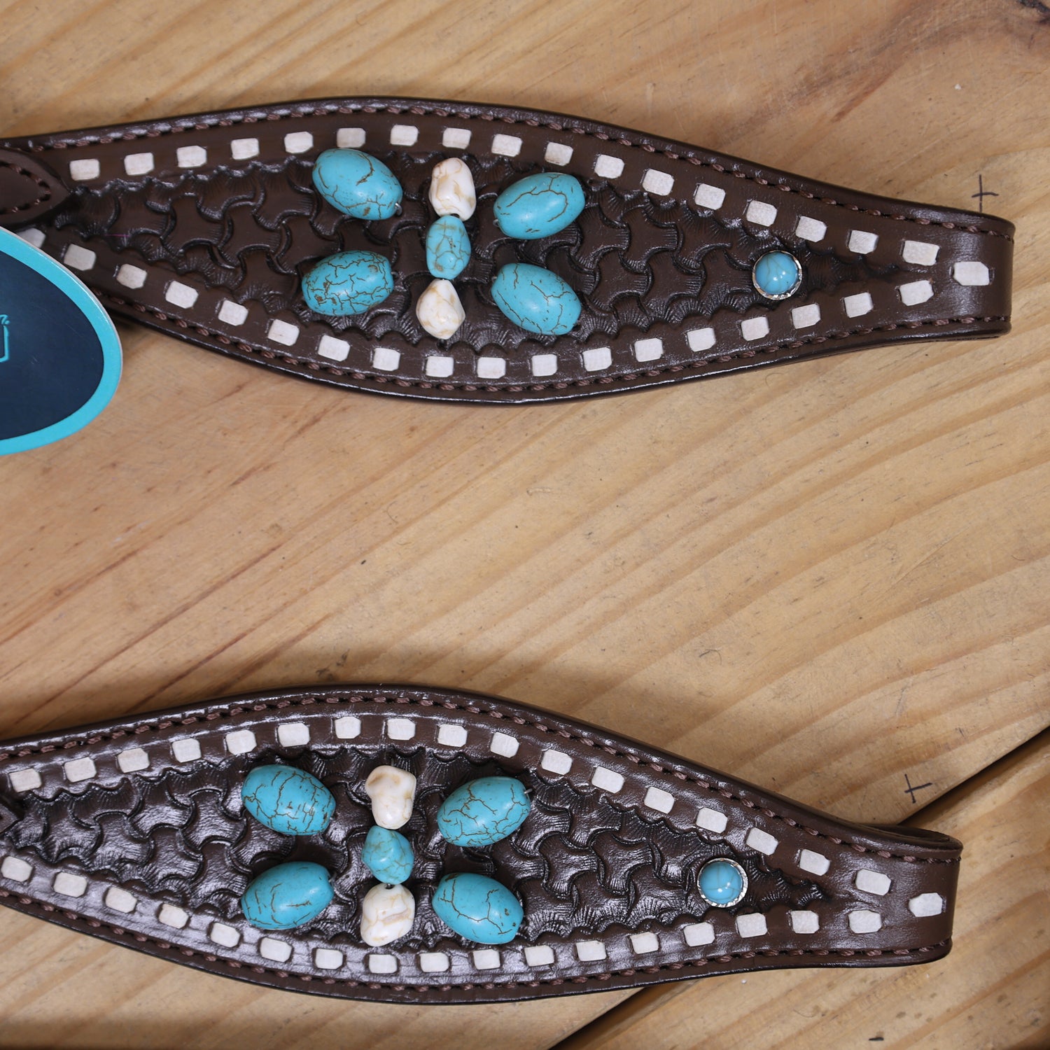 Western Headstall and Breast Collar Tack Set Handcrafted from Argentina Cowhide with Rawhide Buck Stitching, Window Tooling, and Turquoise Gemstones MOUSM