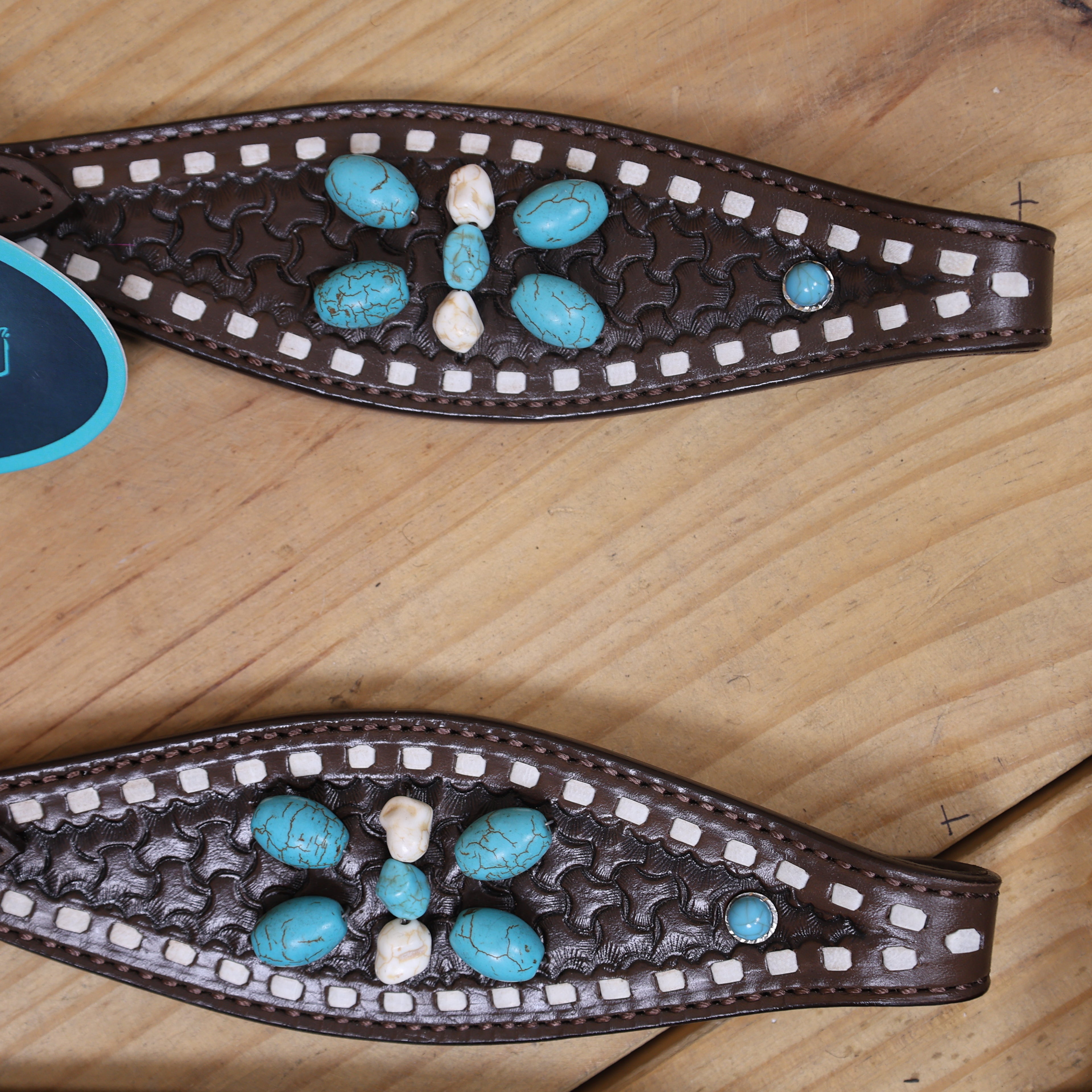 Western Headstall and Breast Collar Tack Set Handcrafted from Argentina Cowhide with Rawhide Buck Stitching, Window Tooling, and Turquoise Gemstones MOUSM