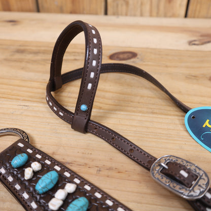 Western Headstall and Breast Collar Tack Set Handcrafted from Argentina Cowhide with Rawhide Buck Stitching, Window Tooling, and Turquoise Gemstones MOUSM