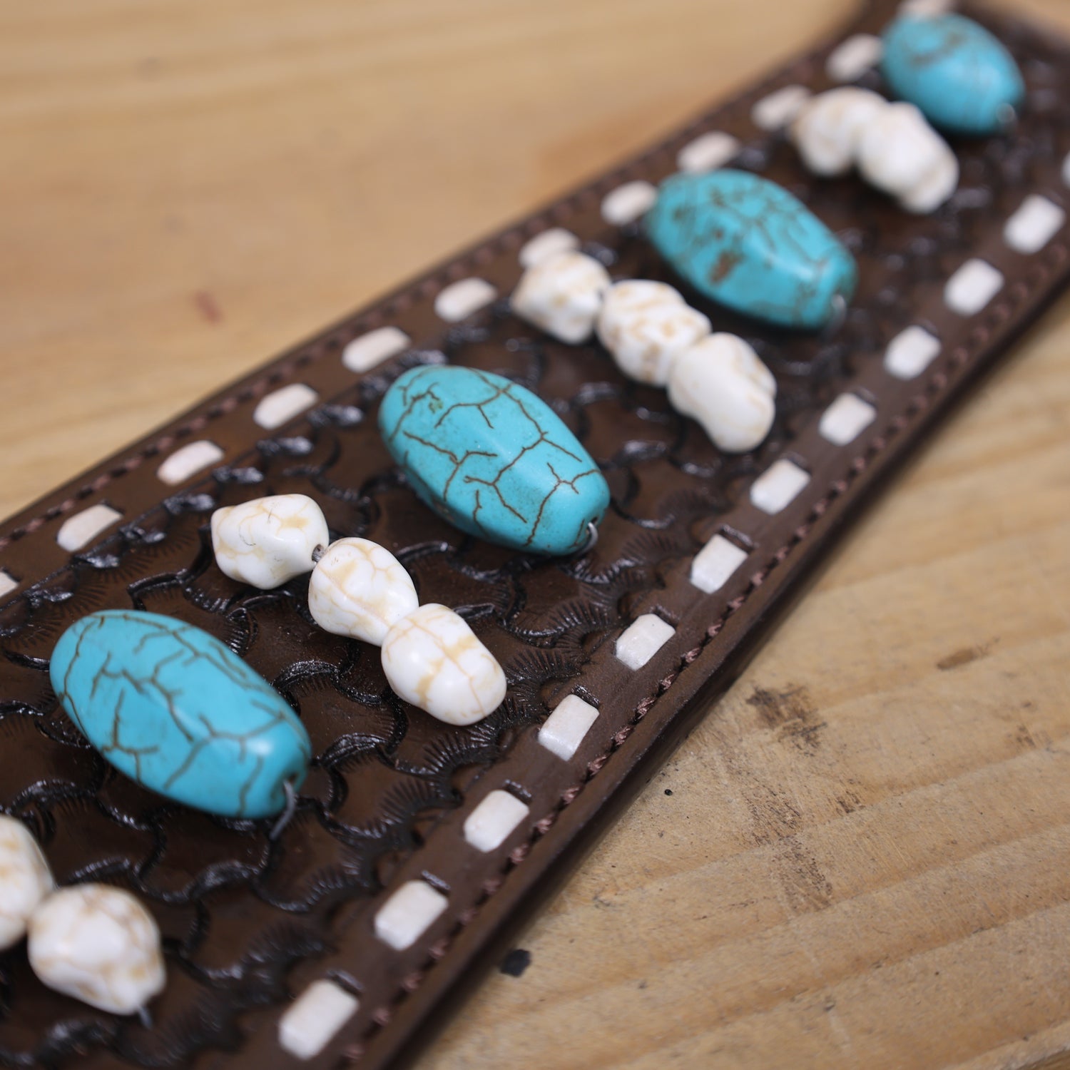 Western Headstall and Breast Collar Tack Set Handcrafted from Argentina Cowhide with Rawhide Buck Stitching, Window Tooling, and Turquoise Gemstones MOUSM