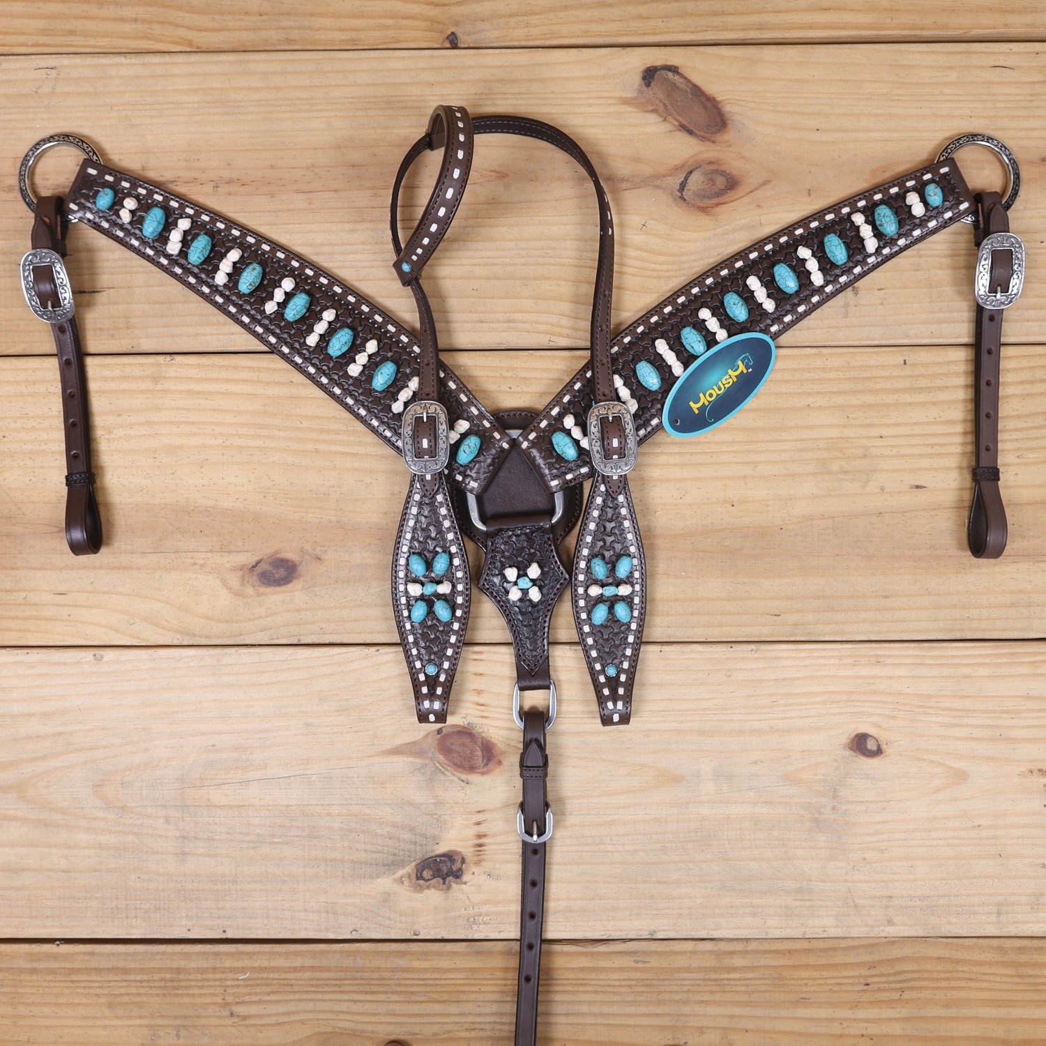 Western Headstall and Breast Collar Tack Set Handcrafted from Argentina Cowhide with Rawhide Buck Stitching, Window Tooling, and Turquoise Gemstones MOUSM