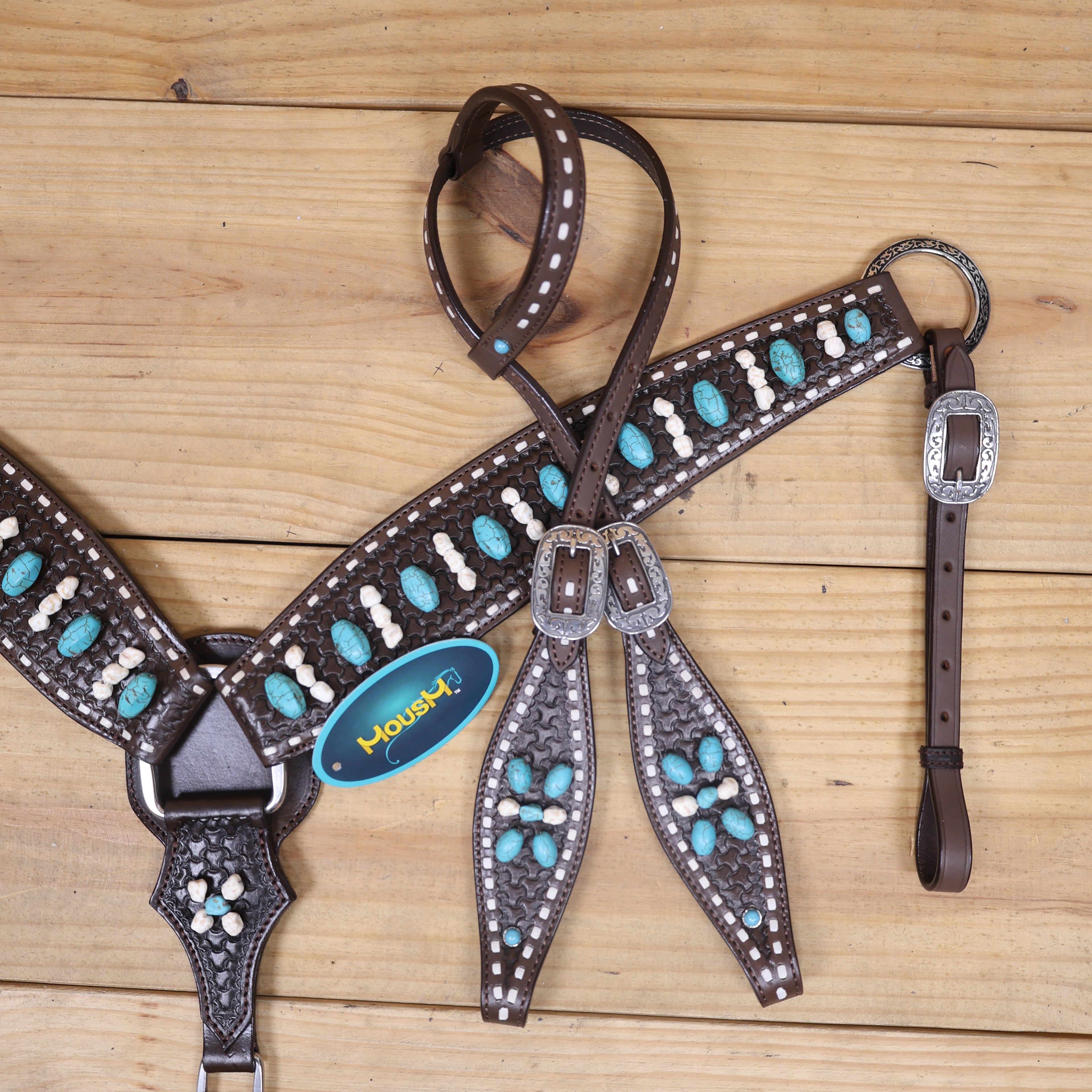 Western Headstall and Breast Collar Tack Set Handcrafted from Argentina Cowhide with Rawhide Buck Stitching, Window Tooling, and Turquoise Gemstones MOUSM