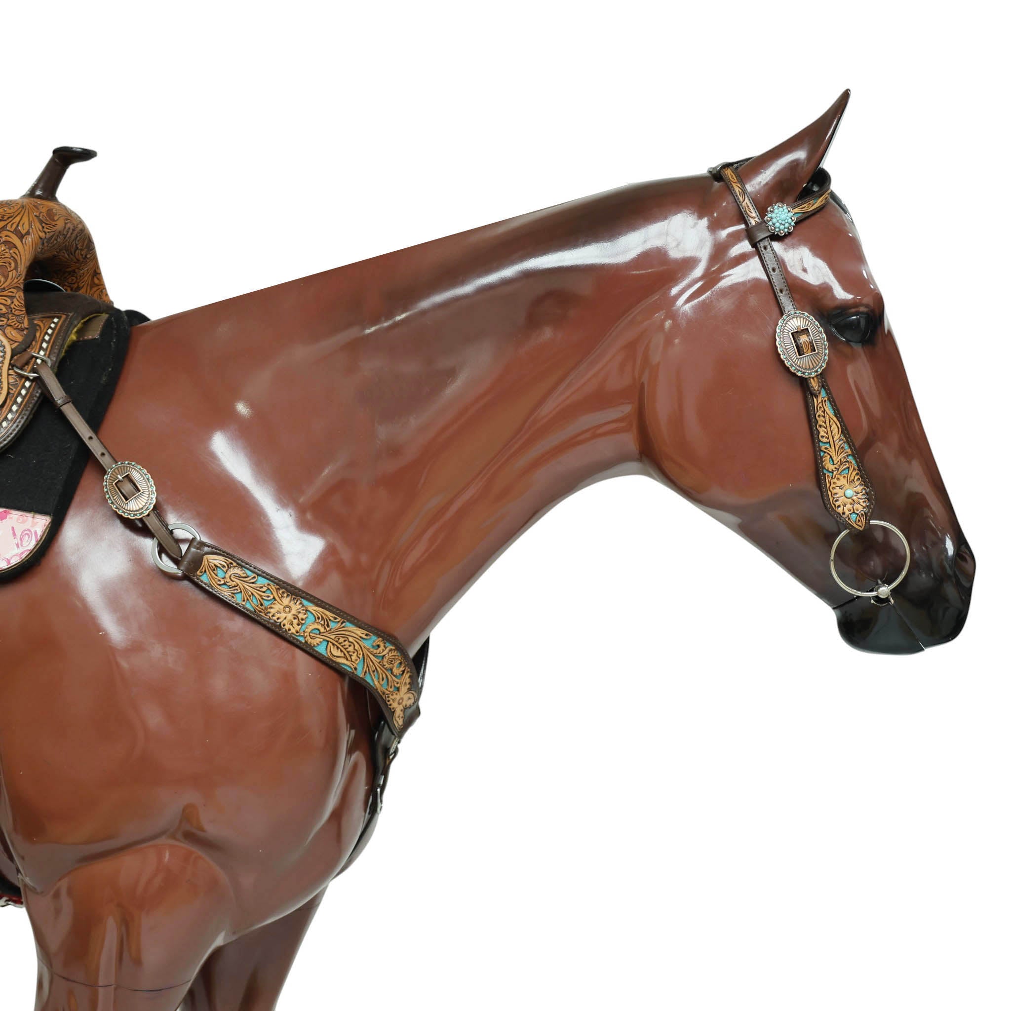 Western Headstall and Breast Collar Set Decorated with Flower Hand Tooled and Filigree Carving with Turquoise Inlay and Antique Finish Big Sunburst Buckles MOUSM