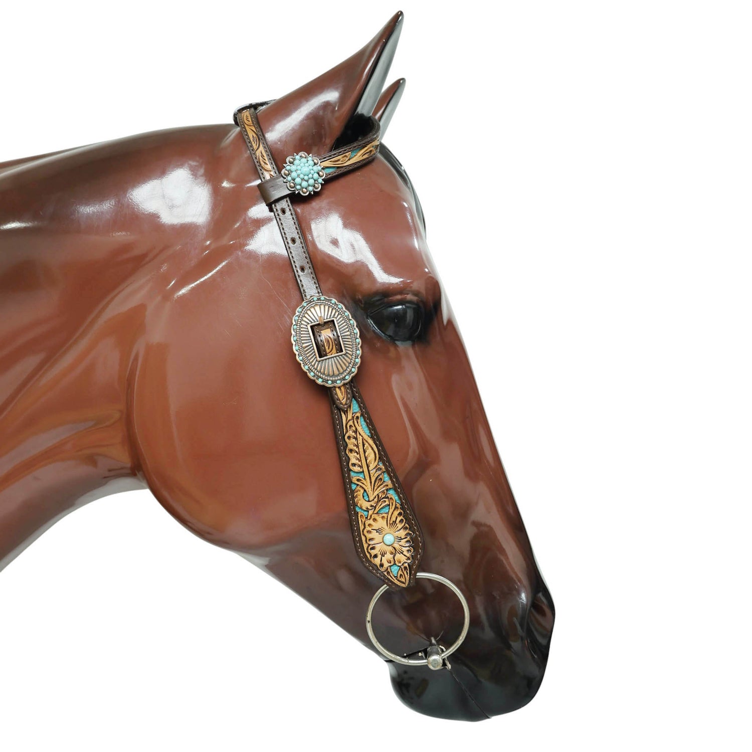 Western Headstall and Breast Collar Set Decorated with Flower Hand Tooled and Filigree Carving with Turquoise Inlay and Antique Finish Big Sunburst Buckles MOUSM