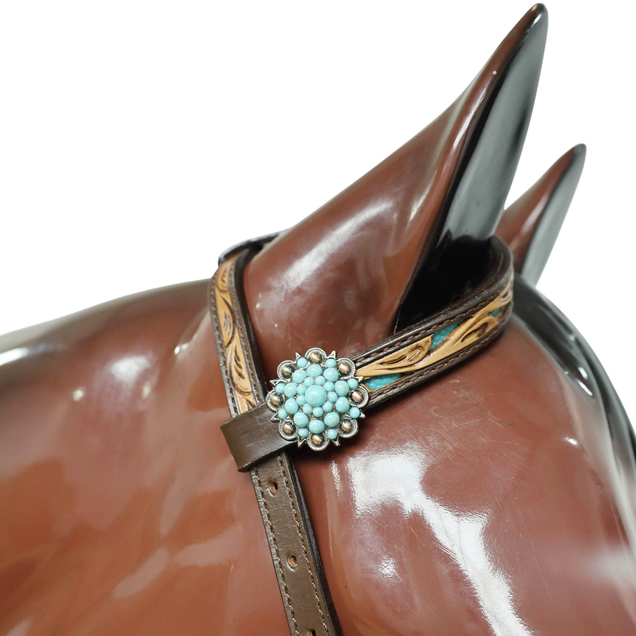 Western Headstall and Breast Collar Set Decorated with Flower Hand Tooled and Filigree Carving with Turquoise Inlay and Antique Finish Big Sunburst Buckles MOUSM