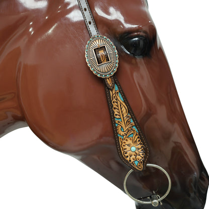 Western Headstall and Breast Collar Set Decorated with Flower Hand Tooled and Filigree Carving with Turquoise Inlay and Antique Finish Big Sunburst Buckles MOUSM