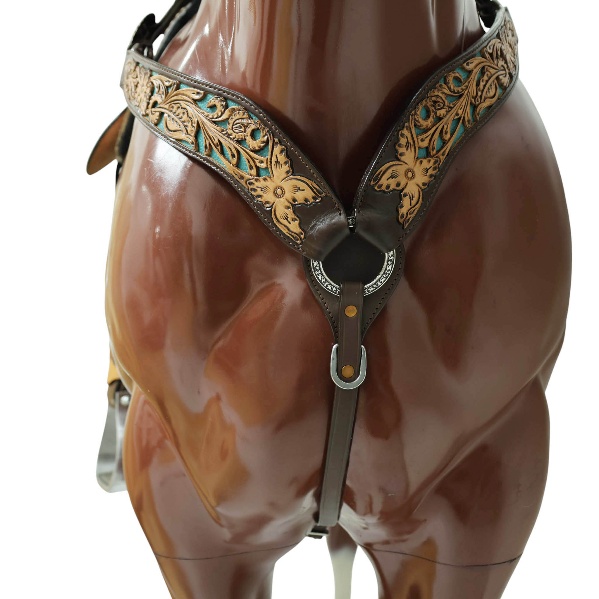 Western Headstall and Breast Collar Set Decorated with Flower Hand Tooled and Filigree Carving with Turquoise Inlay and Antique Finish Big Sunburst Buckles MOUSM