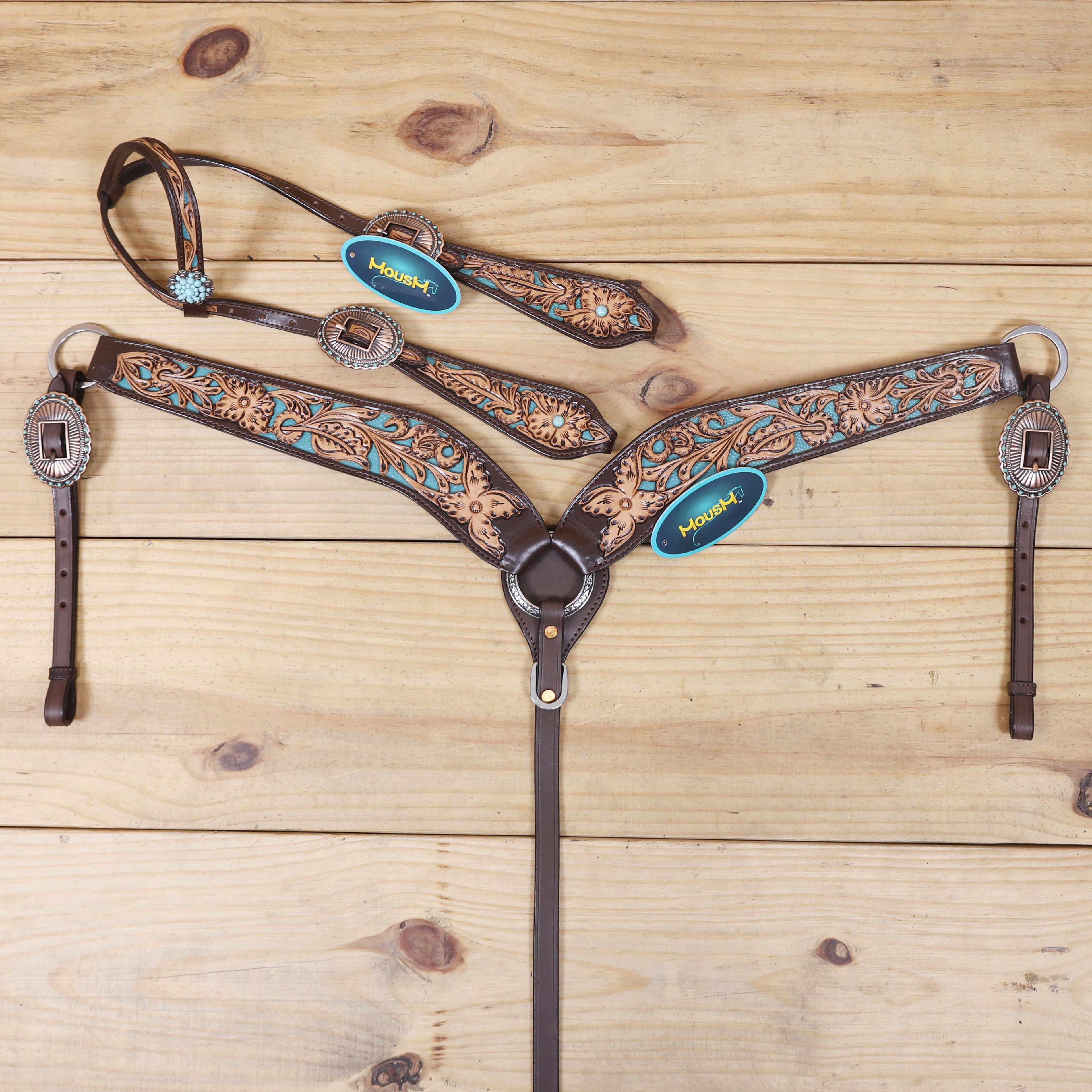 Western Headstall and Breast Collar Set Decorated with Flower Hand Tooled and Filigree Carving with Turquoise Inlay and Antique Finish Big Sunburst Buckles MOUSM