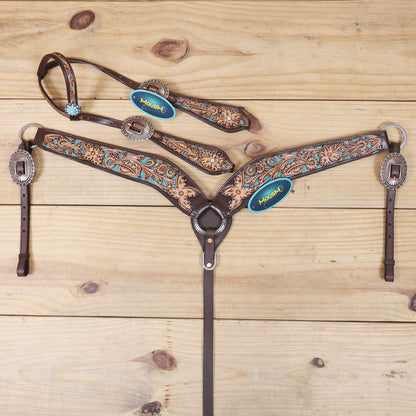 Western Headstall and Breast Collar Set Decorated with Flower Hand Tooled and Filigree Carving with Turquoise Inlay and Antique Finish Big Sunburst Buckles MOUSM