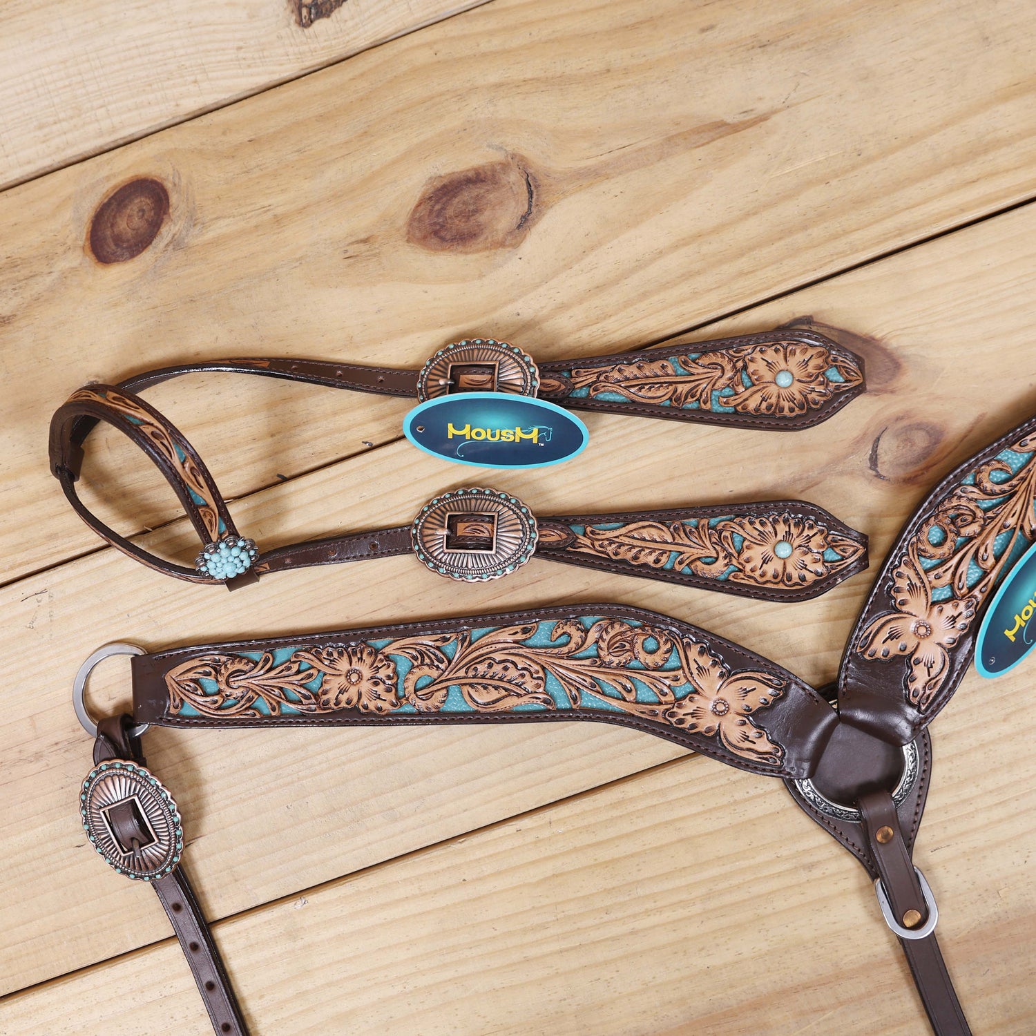 Western Headstall and Breast Collar Set Decorated with Flower Hand Tooled and Filigree Carving with Turquoise Inlay and Antique Finish Big Sunburst Buckles MOUSM