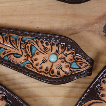 Western Headstall and Breast Collar Set Decorated with Flower Hand Tooled and Filigree Carving with Turquoise Inlay and Antique Finish Big Sunburst Buckles MOUSM