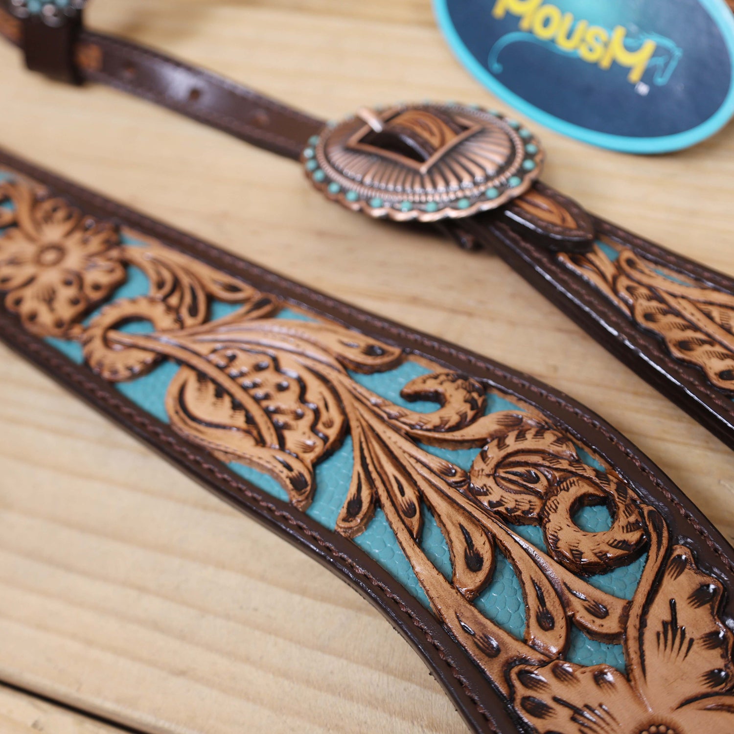 Western Headstall and Breast Collar Set Decorated with Flower Hand Tooled and Filigree Carving with Turquoise Inlay and Antique Finish Big Sunburst Buckles MOUSM