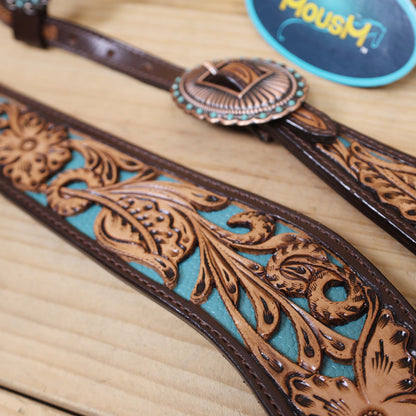 Western Headstall and Breast Collar Set Decorated with Flower Hand Tooled and Filigree Carving with Turquoise Inlay and Antique Finish Big Sunburst Buckles MOUSM