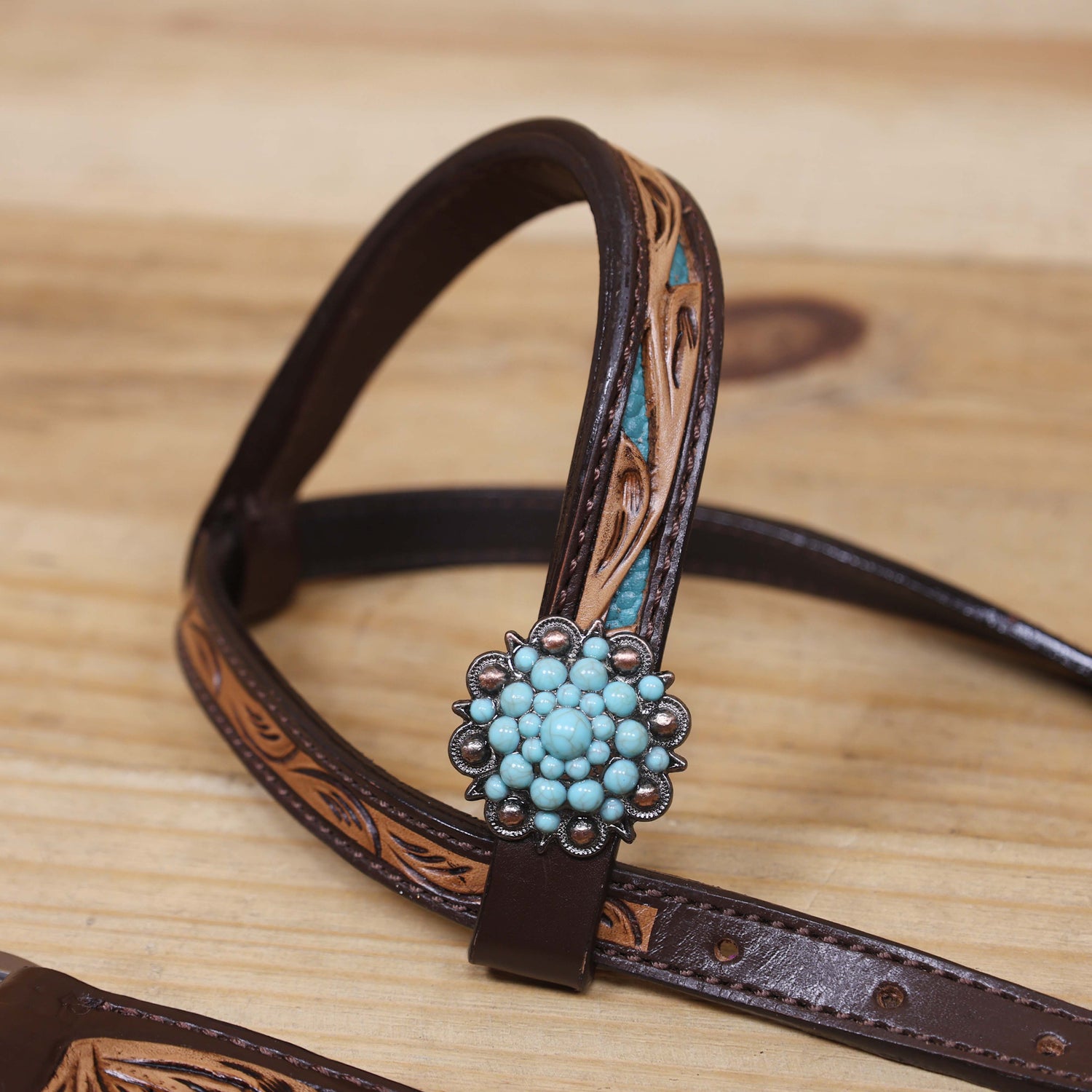 Western Headstall and Breast Collar Set Decorated with Flower Hand Tooled and Filigree Carving with Turquoise Inlay and Antique Finish Big Sunburst Buckles MOUSM