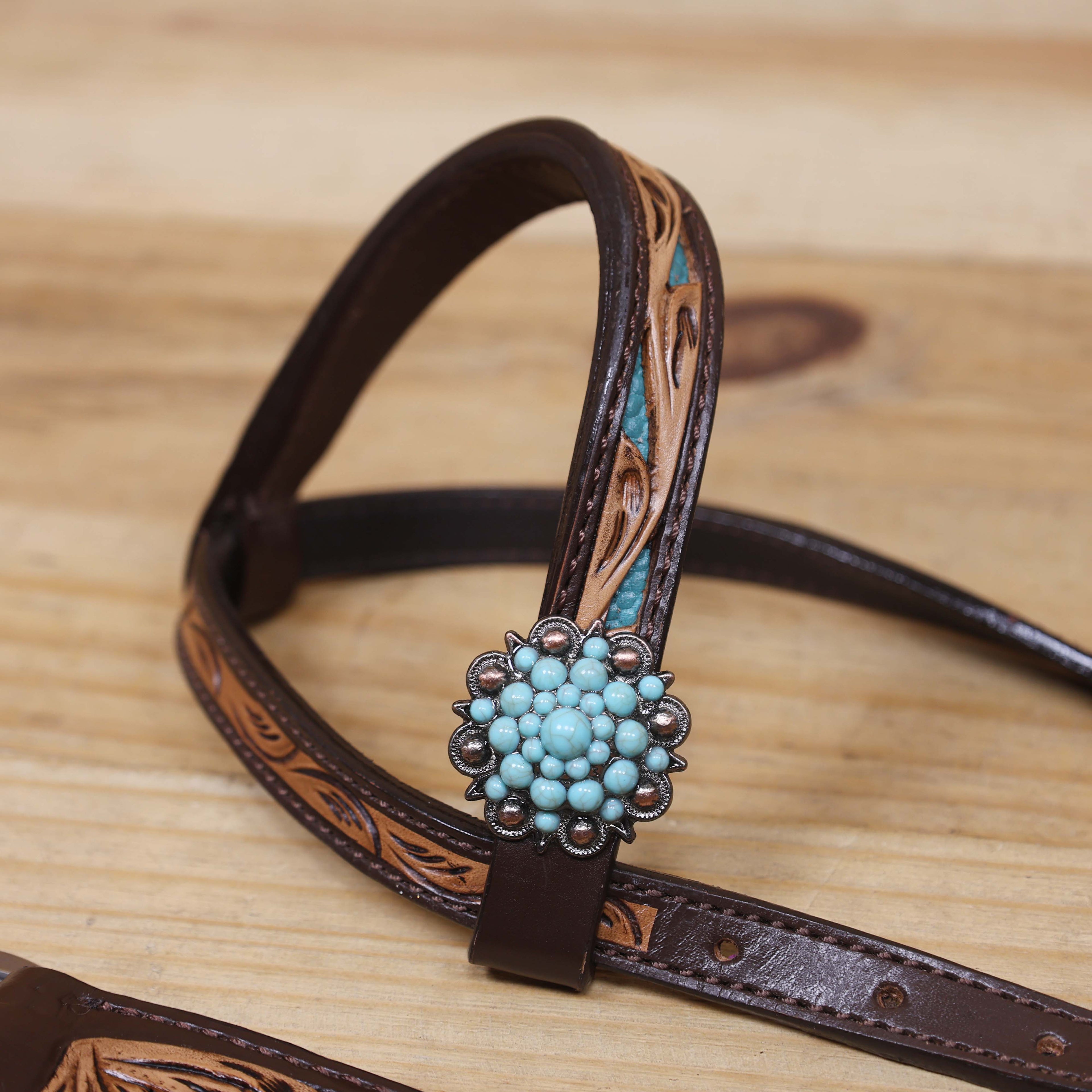 Western Headstall and Breast Collar Set Decorated with Flower Hand Tooled and Filigree Carving with Turquoise Inlay and Antique Finish Big Sunburst Buckles MOUSM