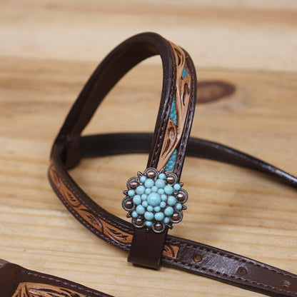 Western Headstall and Breast Collar Set Decorated with Flower Hand Tooled and Filigree Carving with Turquoise Inlay and Antique Finish Big Sunburst Buckles MOUSM