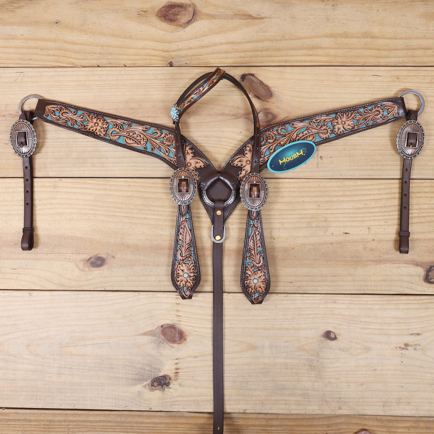 Western Headstall and Breast Collar Set Decorated with Flower Hand Tooled and Filigree Carving with Turquoise Inlay and Antique Finish Big Sunburst Buckles MOUSM